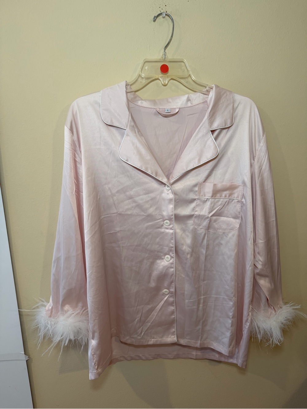 Satin Feather-Cuff Pajama Top — Light Pink
